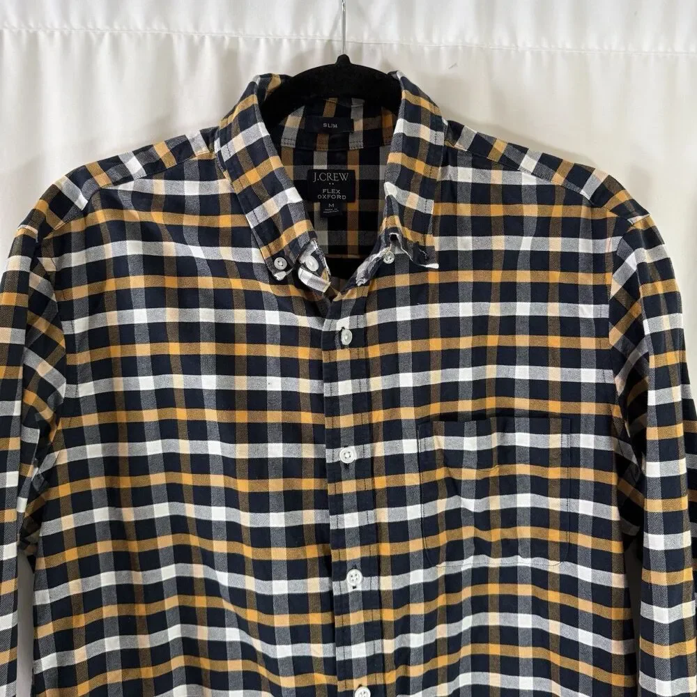 J. Crew Flex Oxford Button Up Shirt Men's Medium Slim Fit Blue Plaid Collared